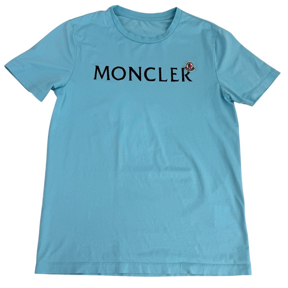 Moncler Maglia Polo Manica Corta T-Shirt Light Blue Logo Patch Mens Size M